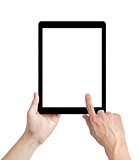 adult man hands using tablet pc with white screen