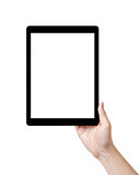 adult man hands holding tablet pc with white screen