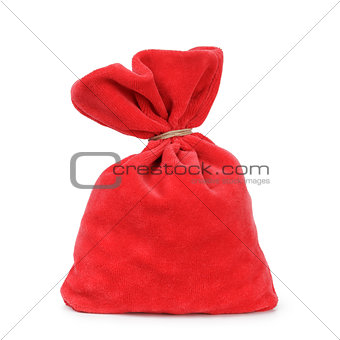 red santas bag from velvet fabric tied with rope