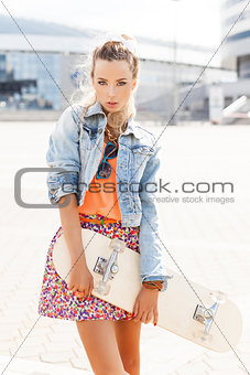 beautiful young lady with a skateboard with blank deck