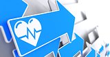 Icon of Heart with Cardiogram Line on Blue Arrow.