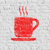 Red Cup of Coffee Icon on White Brick Wall.