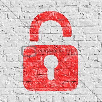 Red Icon of Opened Padlock on White Brick Wall.