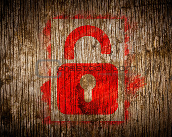 Red  Icon of Opened Padlock on Wood.