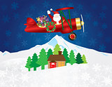 Santa Claus on Biplane with Presents on Night Snow Scene