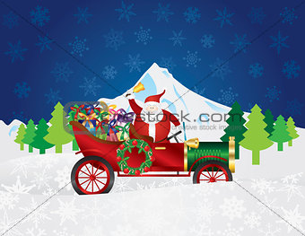 Santa Claus on Vintage Car with Presents Night Snow Scene