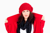 Young Woman in Red Coat and Cap 