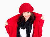 Young Woman in Red Coat and Cap Smiling 