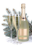 Champagne glasses, bottle and fir tree