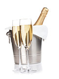Two champagne glasses and bottle in bucket