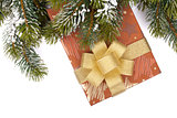 Christmas gift box and snowy fir tree