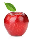 Ripe red apple with green leaf