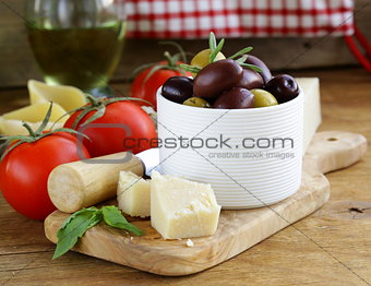 olives, parmesan cheese, tomatoes and basil
