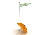 3d rendering of sign with gold "FAQ" and orange umbrella