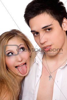 Young man and funny girl. Isolated