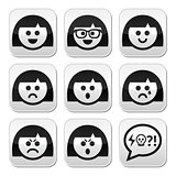 Smiley girl or woman faces, avatar vector buttons set