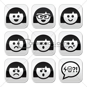 Smiley girl or woman faces, avatar vector buttons set