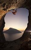 Rock climber at sunset. Kalymnos Island, Greece