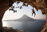 Rock climber at sunset. Kalymnos Island, Greece.