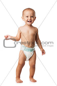 Full length of joyful one-year old boy over white