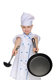 Bewildered chef with ladle and pan
