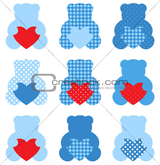 Cute Teddy Bear with hearts set isolated on white ( blue & red )