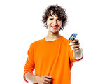 young man happy holding credit card portrait