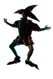 man in jester costume silhouette jumping