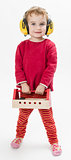 child in red with toolbox and earmuffs