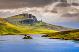 Landscape view of Old Man of Storr rock formation and lake, Scot