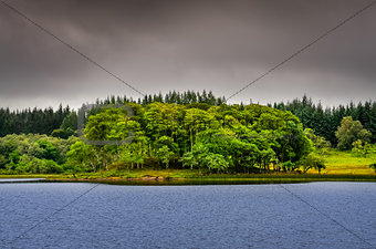 Idyllic island in the lake with green trees, Scotland