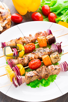 Barbecued pork and vegetable kebabs