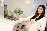 Beautiful Pregnant Woman Shows Belly Work Desk Working Laptop Co