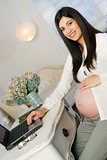Pregnant Woman Smiling Still Working Expecting Baby Girl Compute