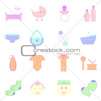 Baby pastel color icons set on white background