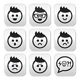 Man or boy with spiky hair faces buttons set