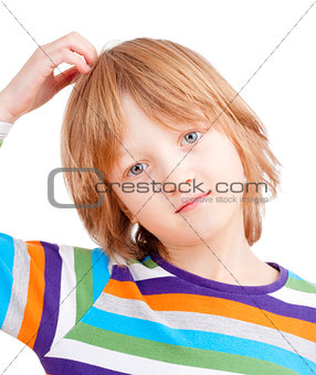 Portrait of a Boy with Blond Hair in Colorful Shirt 