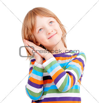 Portrait of a Boy in Colorful Shirt with Head on his Hands 