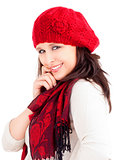 Young Woman in Red Cap and Scarf Smiling
