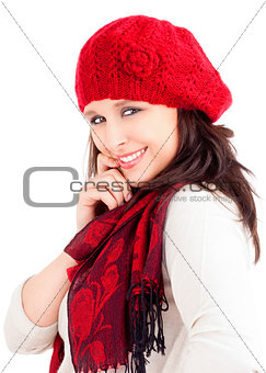 Young Woman in Red Cap and Scarf Smiling