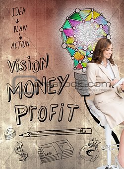 Pleased businesswoman using a tablet pc sitting on a bar chair