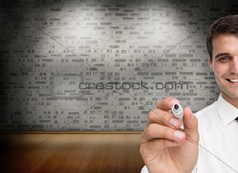 Happy businessman holding a marker