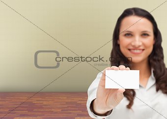Brunette model showing a card