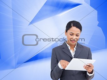 Composite image of saleswoman with her touch screen computer