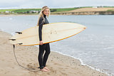 Beautiful woman in wet suit holding surfboard at beach