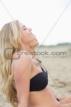 Side view of two relaxed bikini women at beach