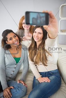 Happy friends photographing themselves with smartphone