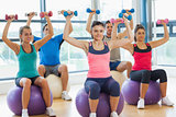 Class exercising with dumbbells on fitness balls