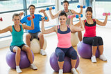People exercising with dumbbells on fitness balls