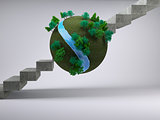 Earth floating in front of stairs